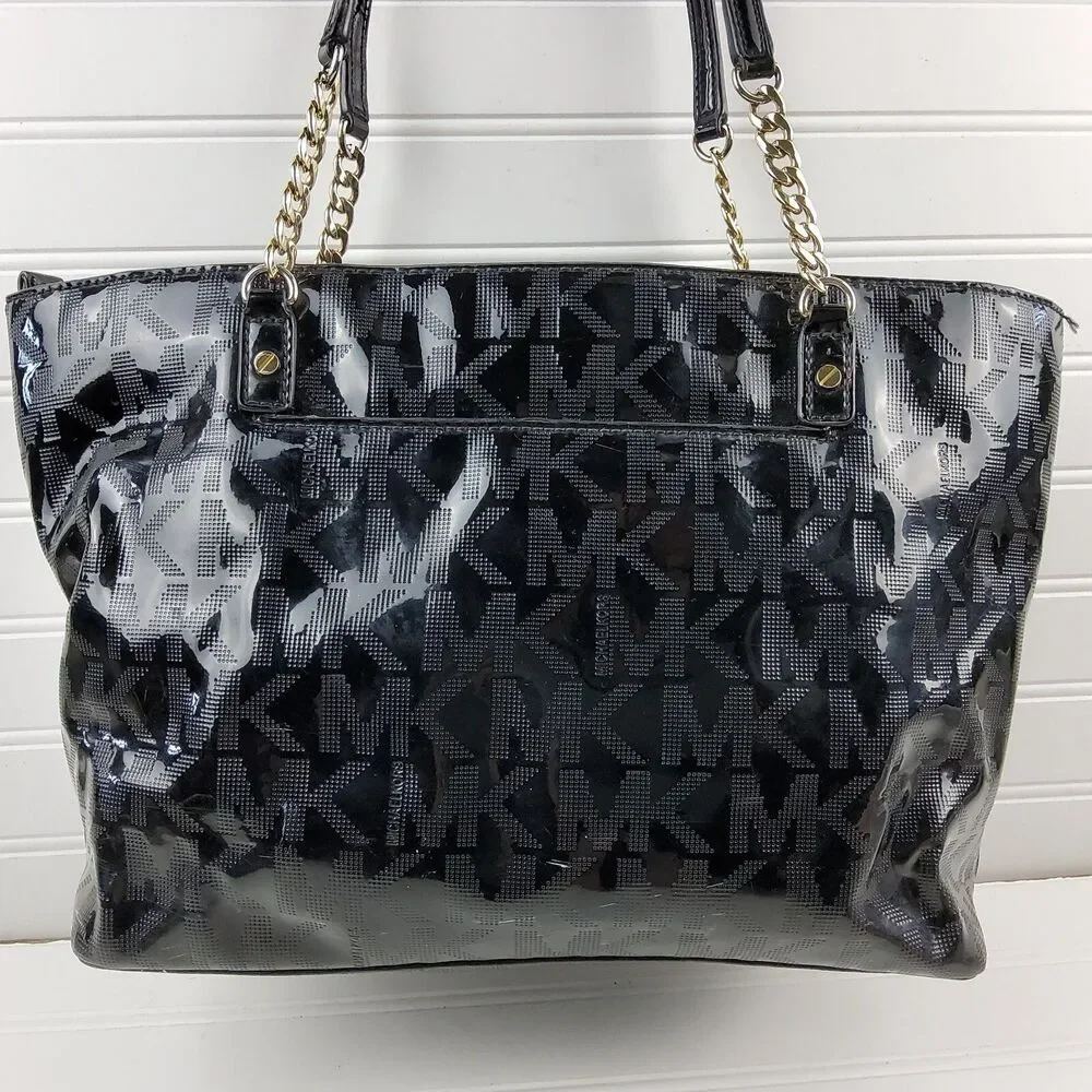 Michael Kors MK Patent Tote Shoulder Handbag Purse Black